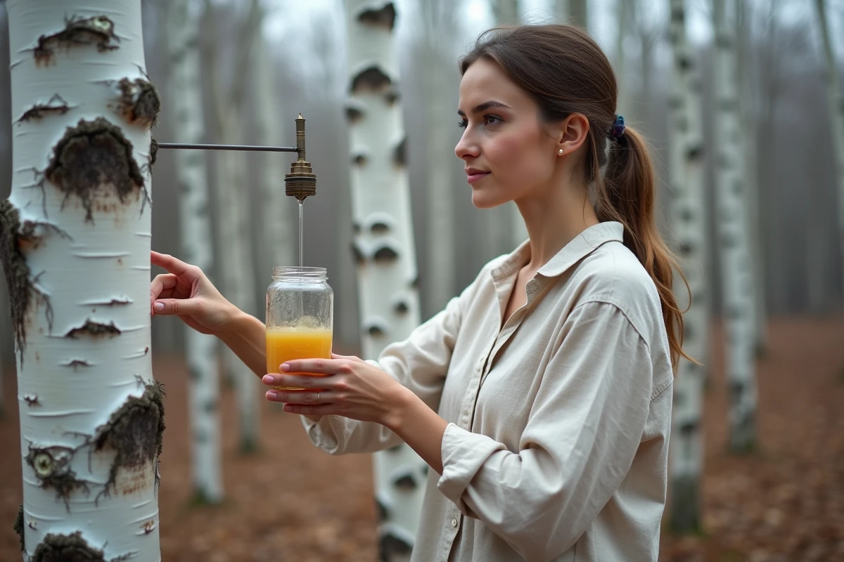 Femme récoltant de la sève de bouleau dans un bocal en verre au pied d'un bouleau en forêt au printemps