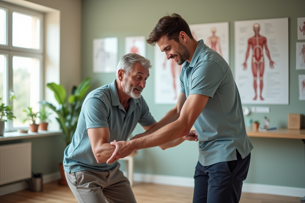 Kinésithérapeute aidant un patient lors d