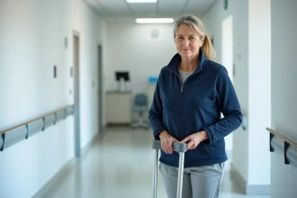 Femme d'âge mûr réglant la hauteur d'une béquille en aluminium dans un couloir de centre de rééducation