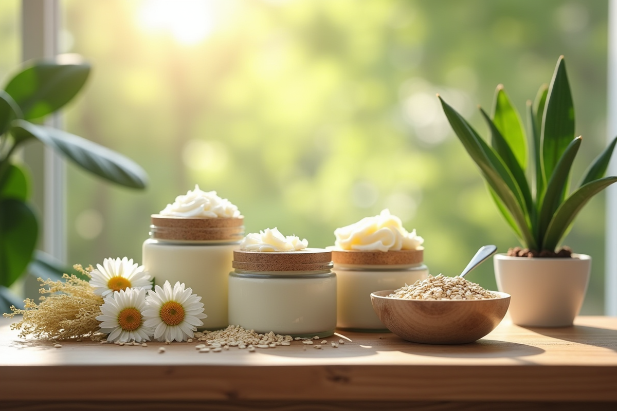 Remèdes naturels pour eczema sur une table en bois