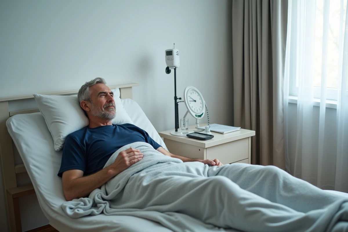 Patient homme au repos dans sa chambre à la maison après une anesthésie générale avec matériel de surveillance