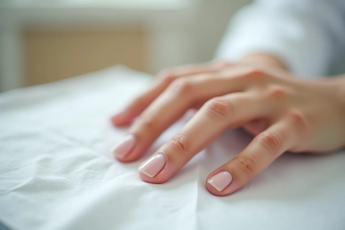 Gros plan d'un ongle en cours de repousse après un traumatisme de la matrice, sur une table d'examen médicale