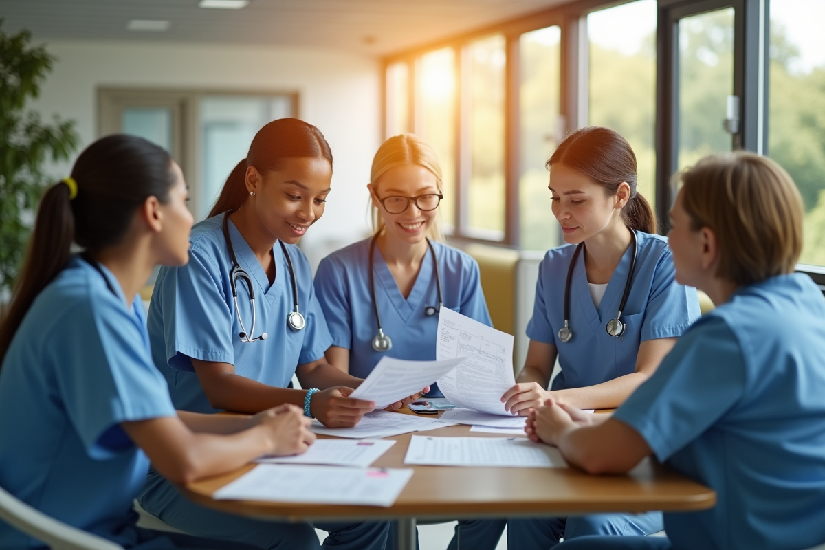 Équipe de professionnels de santé discutant en réunion chaleureuse