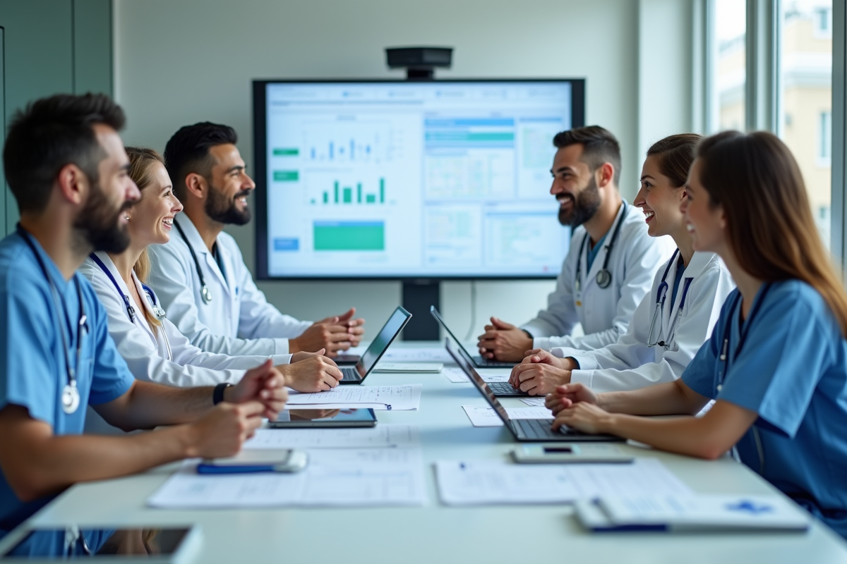 Équipe médicale collaborant autour de documents et tablettes