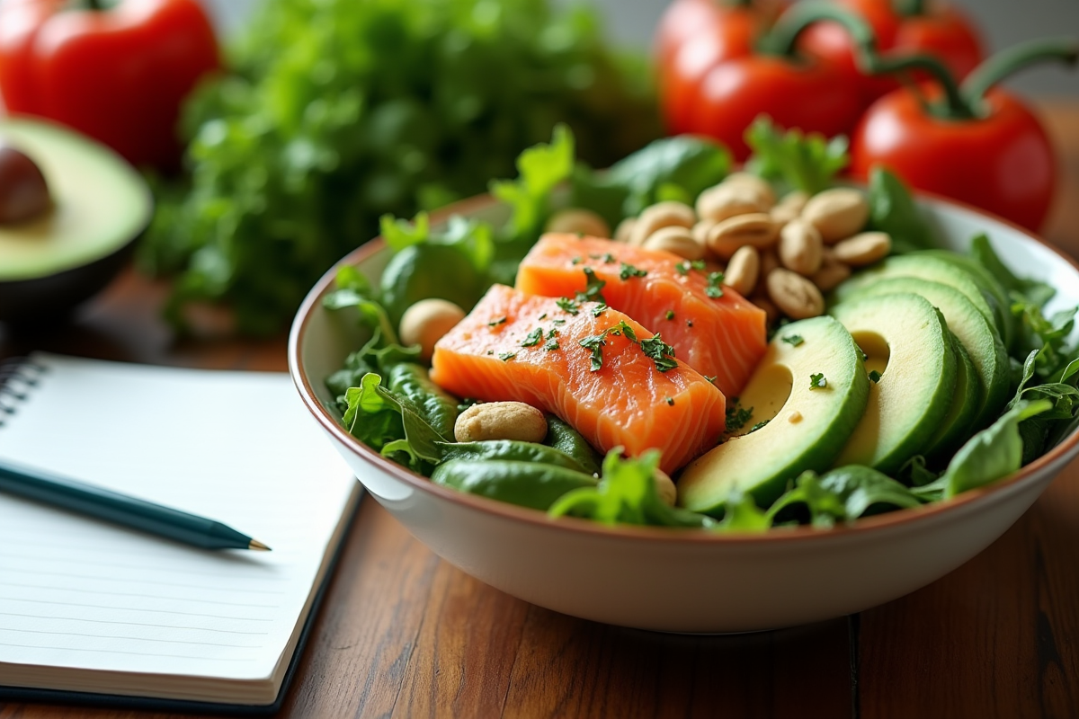 Carnet et salade saine avec saumon et avocat sur une table en bois