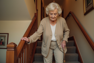 Femme âgée montant des escaliers dans un intérieur chaleureux