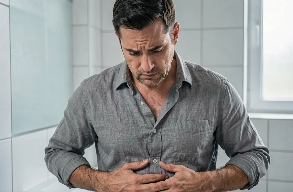 Homme debout dans une salle de bain touchant son abdomen sous les côtes avec une expression inquiète