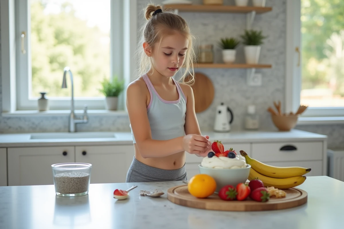 Jeune fille préparant un smoothie bowl nutritif pour soutenir la santé des os et réduire les rechutes de la maladie de Sever