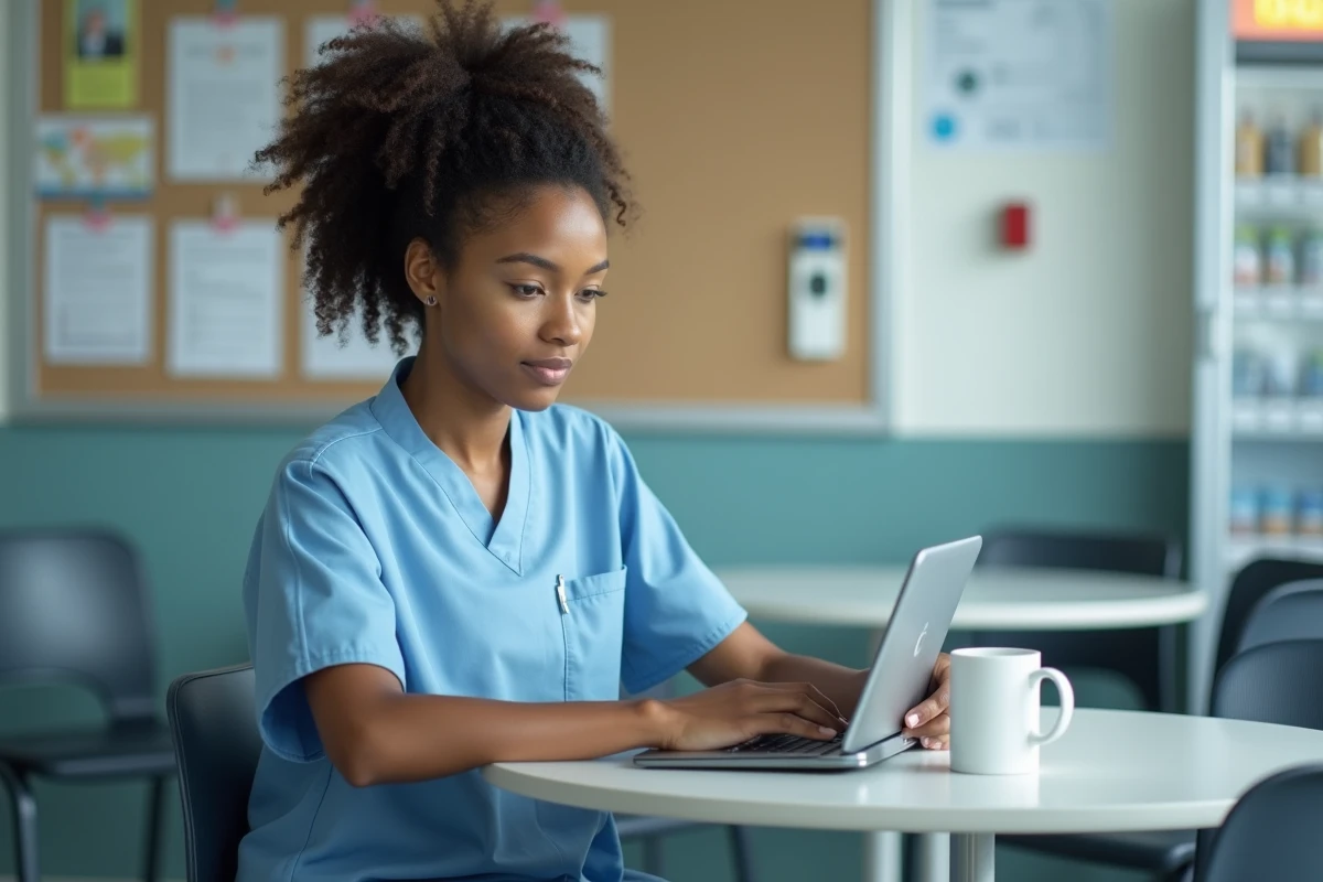 Professionnelle de santé en blouse médicale consultant une tablette pour résoudre un problème d'accès à c.netsoins