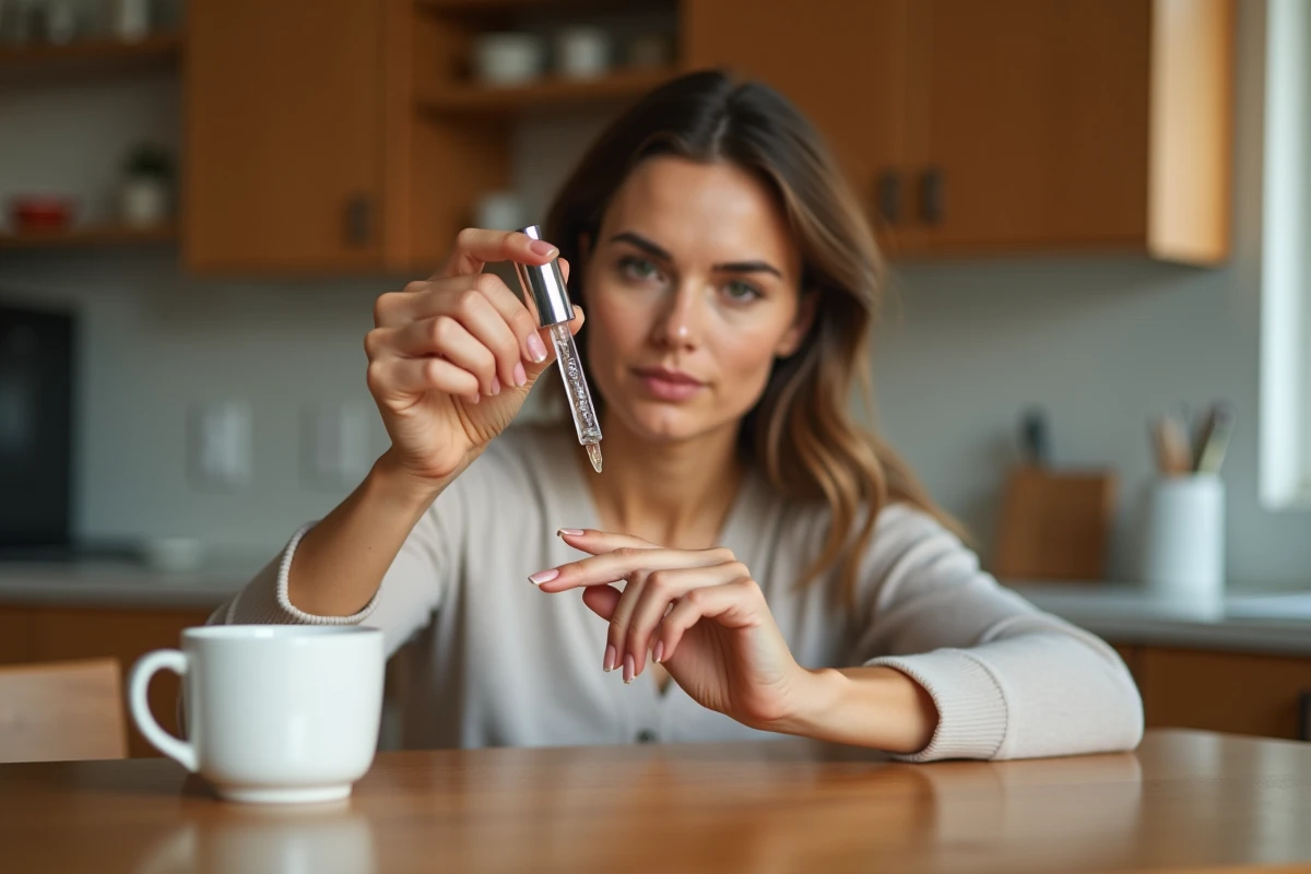 Femme appliquant un soin réparateur sur un ongle en repousse après un traumatisme, à domicile