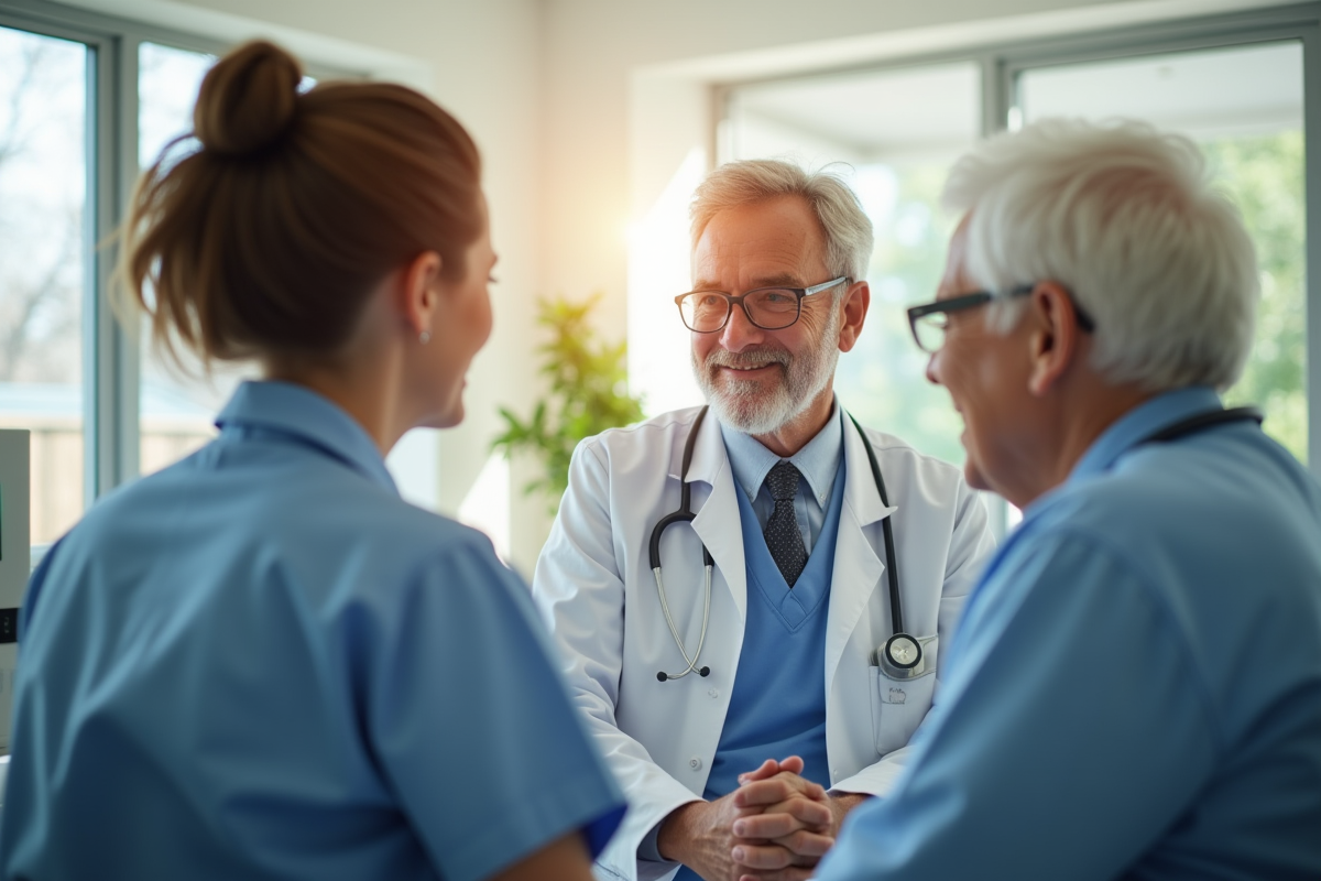 Infirmière et médecin consultent un patient dans une clinique lumineuse