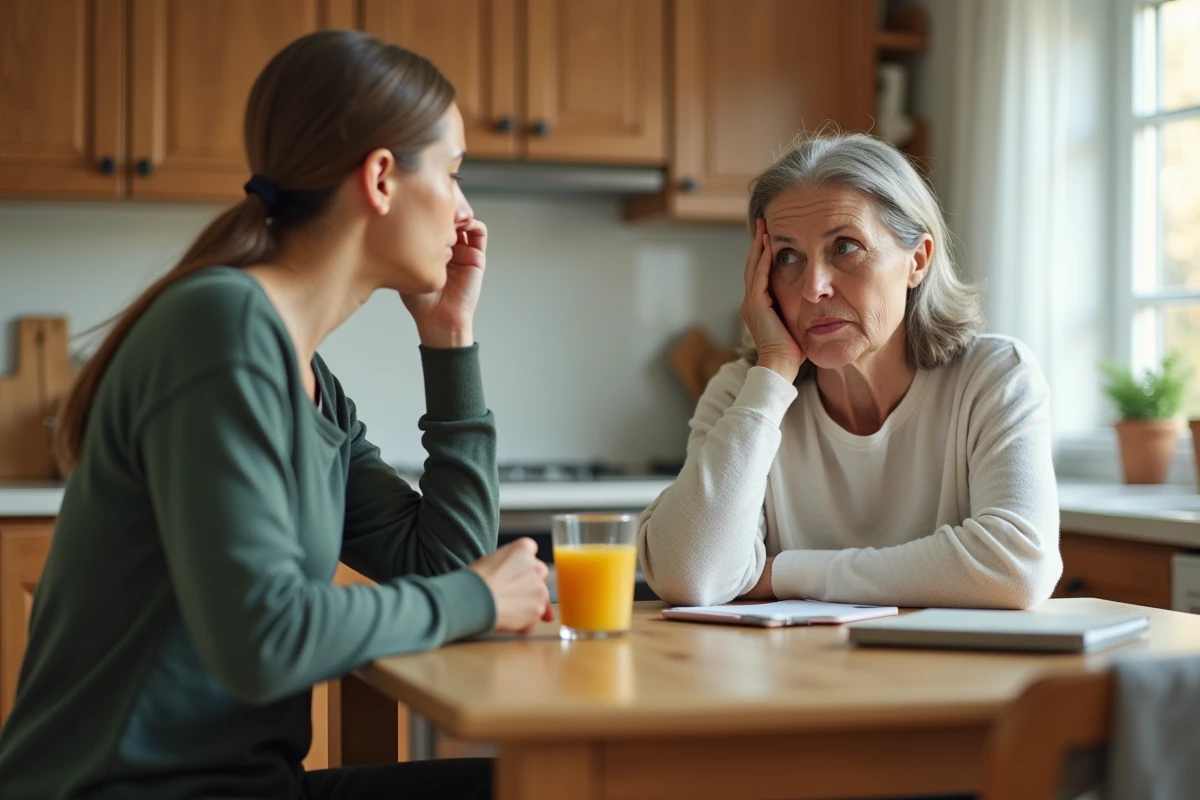 Femme convalescente discutant avec un proche aidant des symptômes post-anesthésie dans une cuisine