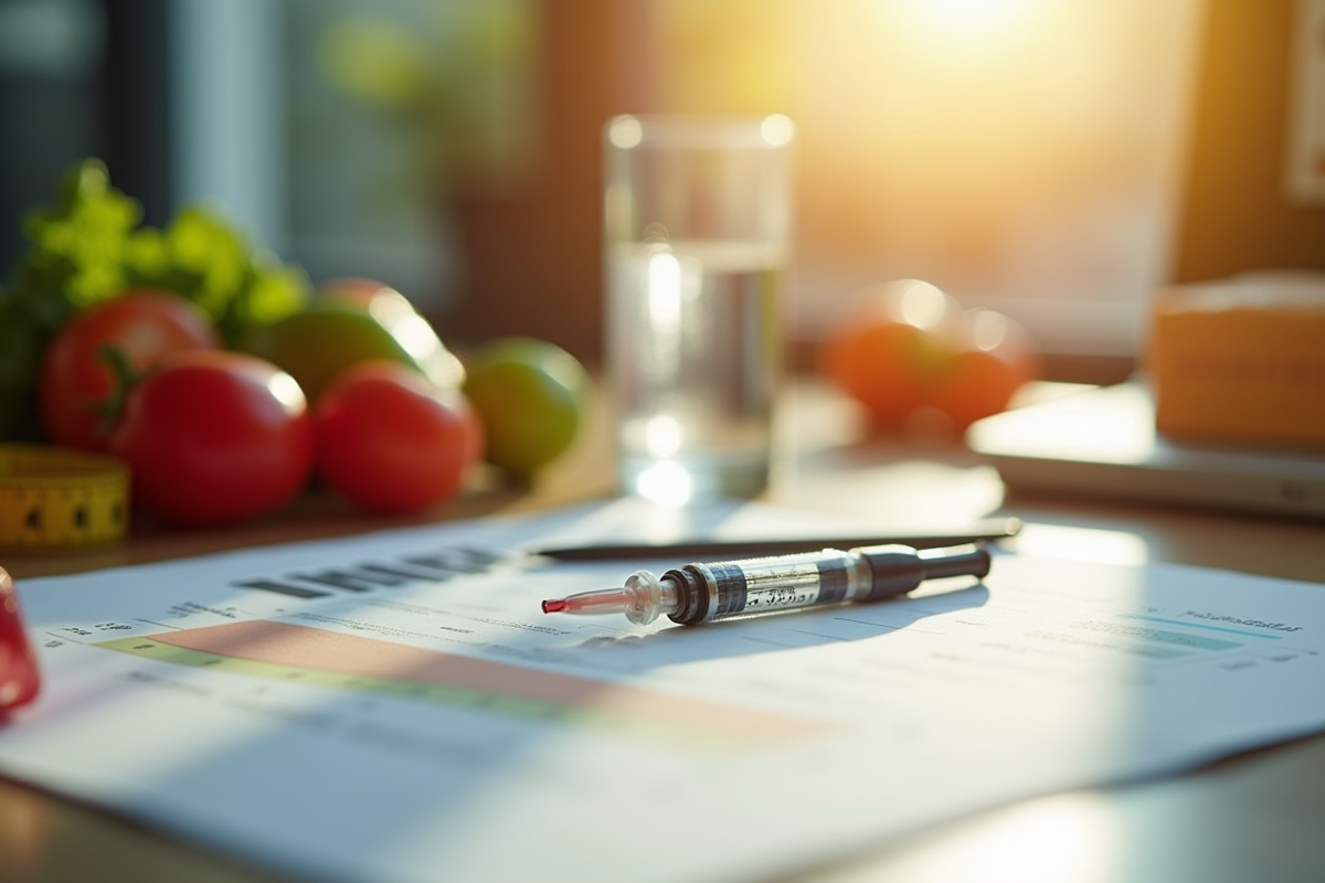 Bureau avec seringue de perte de poids et légumes frais