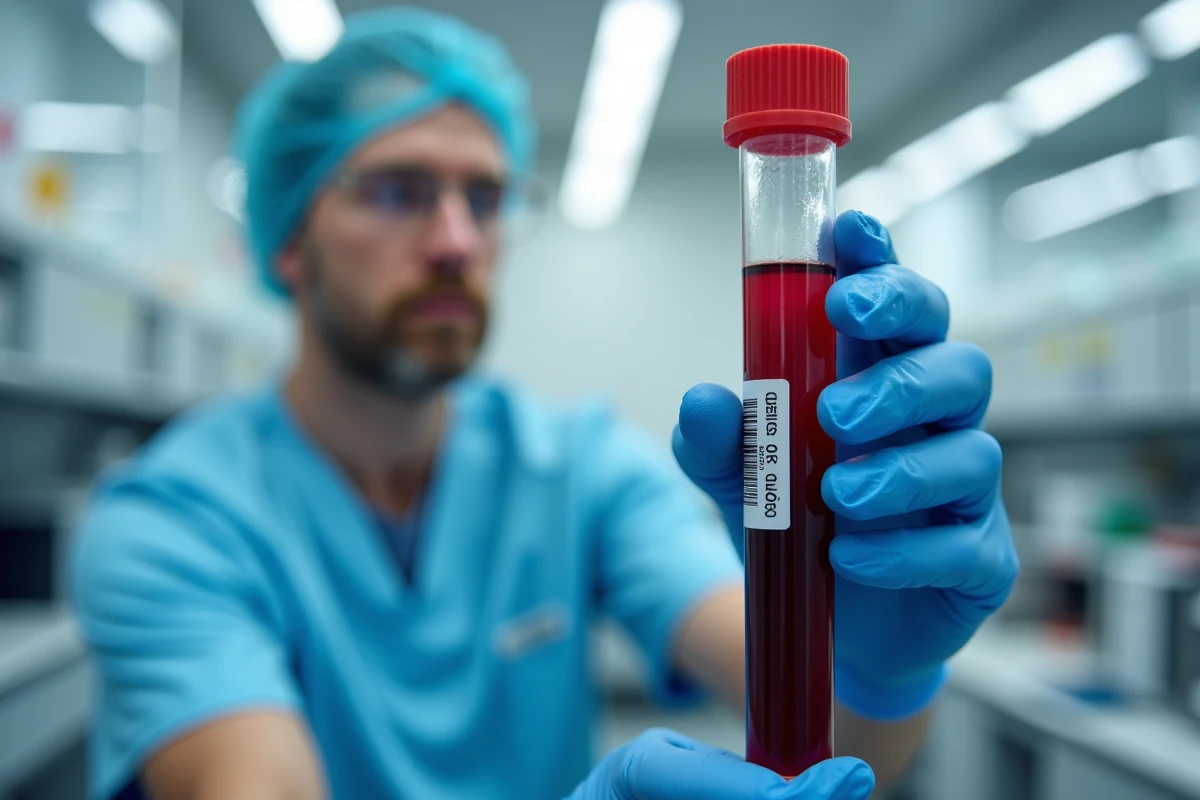 Technicien de laboratoire médical tenant un tube de prélèvement sanguin pour analyse des globules blancs