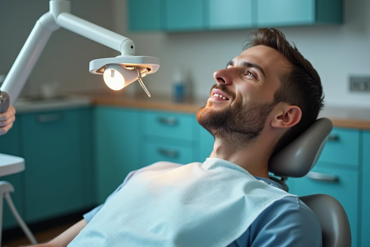 Traitement endodontique en cours sur un patient avec mise en place d'une digue dentaire pour soigner une dent douloureuse