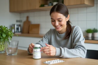 Femme lisant la notice d'un probiotique ULTRA Levure posé à côté d'antibiotiques sur une table de cuisine