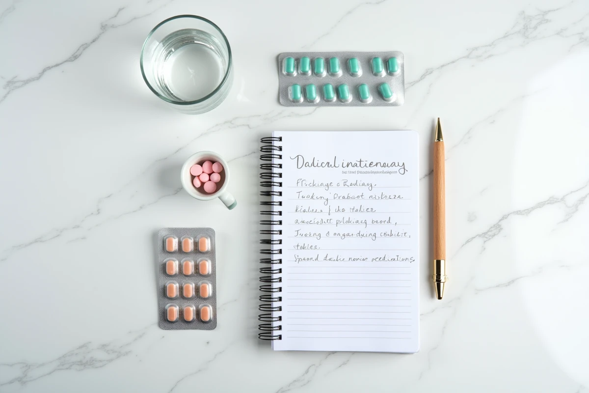 Vue du dessus d'antibiotiques, probiotiques et carnet de suivi de traitement posés sur un marbre blanc