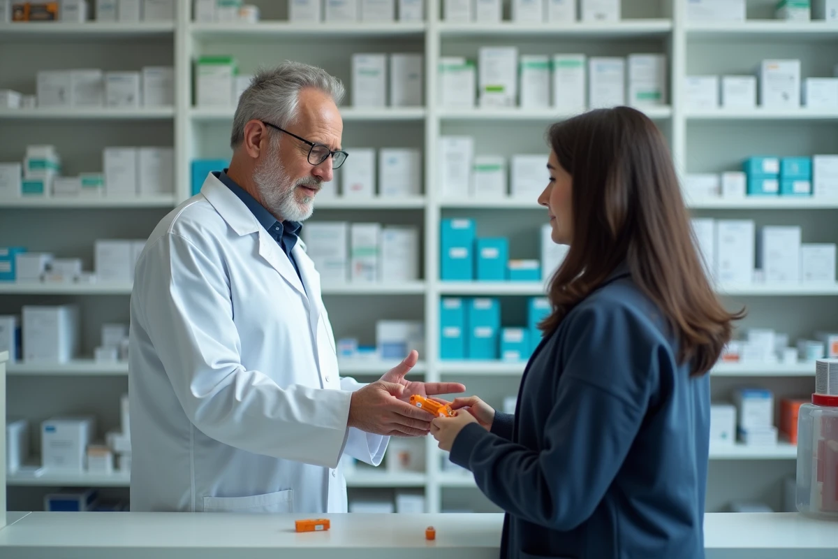 Pharmacien remettant une boîte de probiotiques à une patiente dans une pharmacie professionnelle