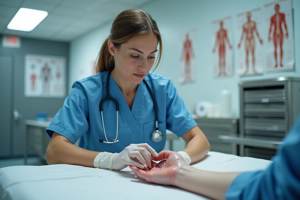 Infirmière aux urgences examinant une morsure profonde sur la main d'un patient, consultation médicale urgente après blessure de pêche