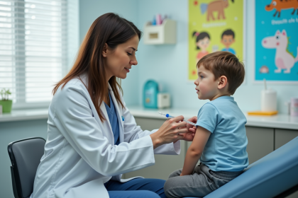 Médecin en blanc administrant un vaccin à un enfant dans une clinique