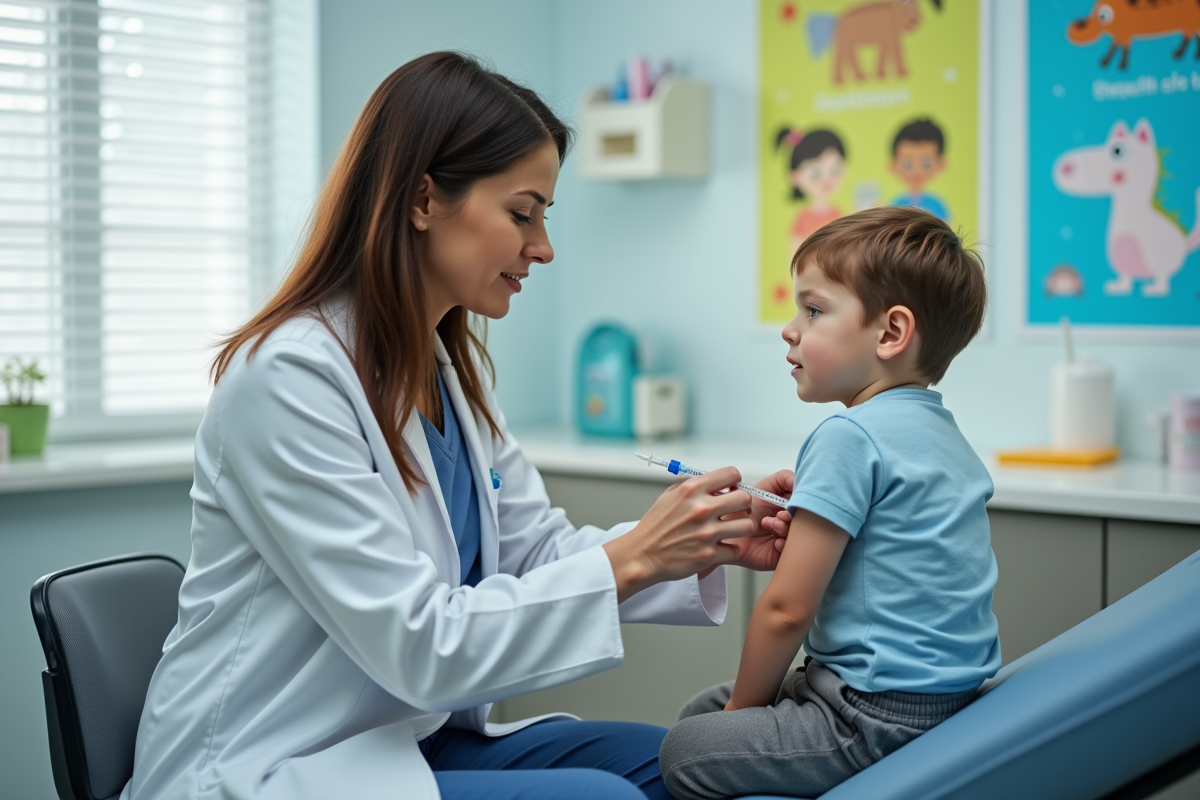 Médecin en blanc administrant un vaccin à un enfant dans une clinique