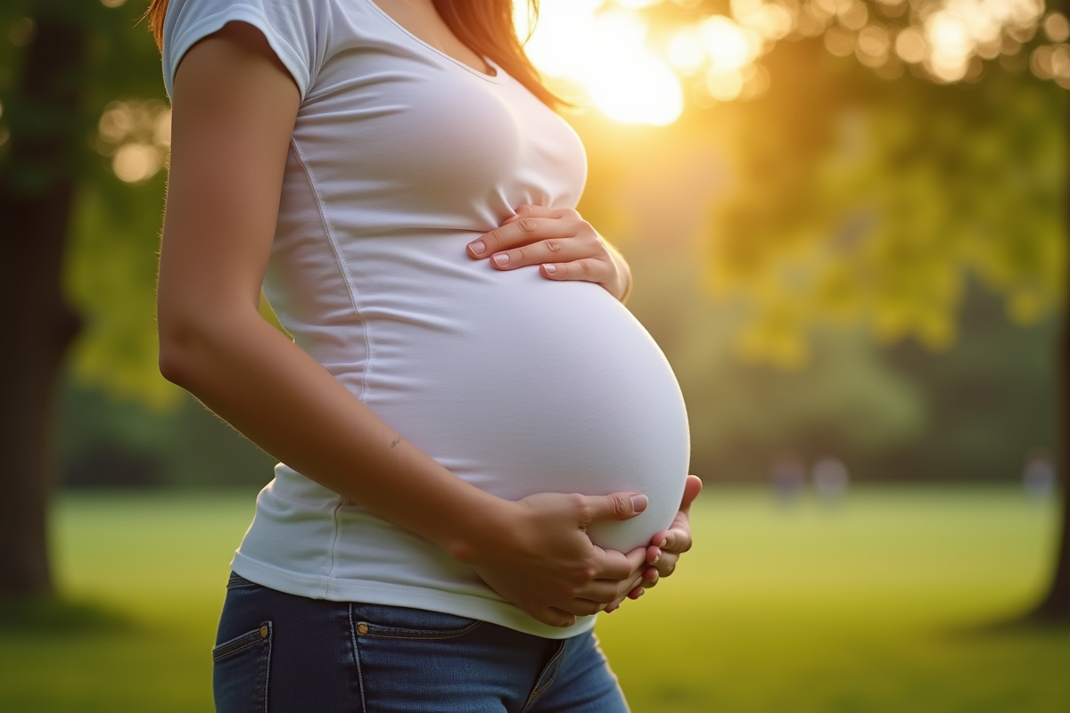 Détail du ventre de femme enceinte sous un t-shirt en plein air