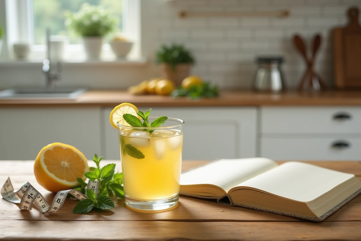 Verre de sève de bouleau fraîche sur une table en bois avec citron, menthe et carnet de bien-être évoquant la perte de poids