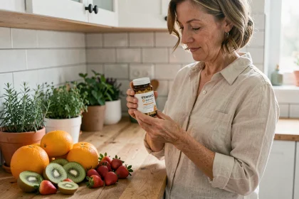 Femme comparant des compléments alimentaires en vitamine D avec des fruits frais dans une cuisine moderne