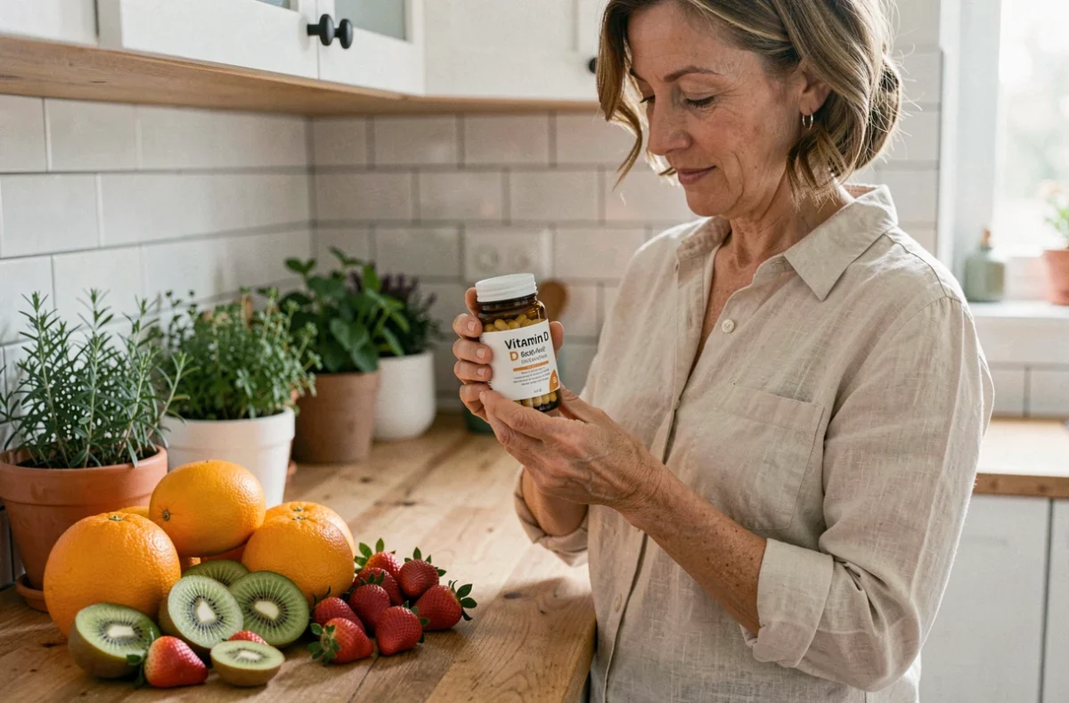 Femme comparant des compléments alimentaires en vitamine D avec des fruits frais dans une cuisine moderne