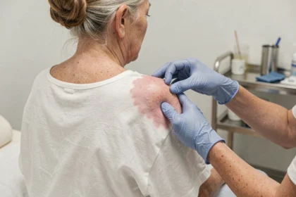 Dermatologue examinant une éruption cutanée de zona sur l'épaule d'une femme âgée en consultation médicale