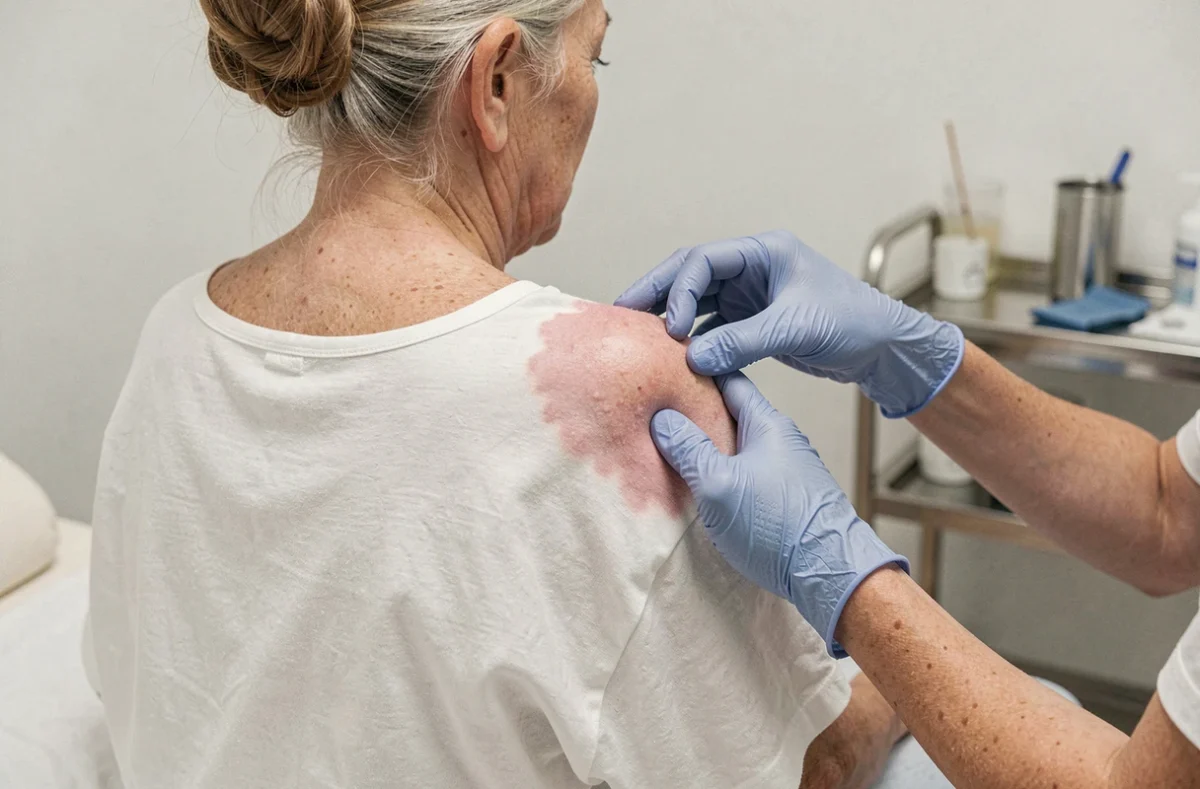 Dermatologue examinant une éruption cutanée de zona sur l'épaule d'une femme âgée en consultation médicale