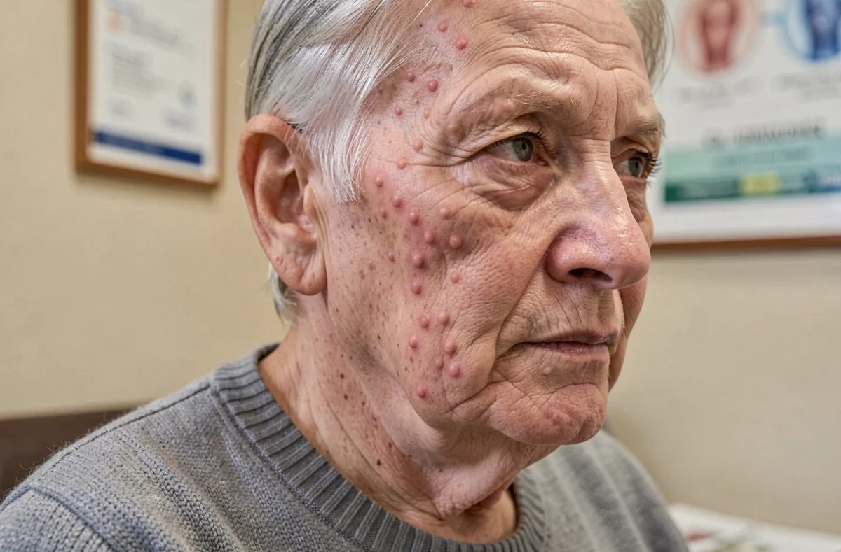 Gros plan sur une éruption de zona sur le visage d'une personne âgée touchant le front et la joue